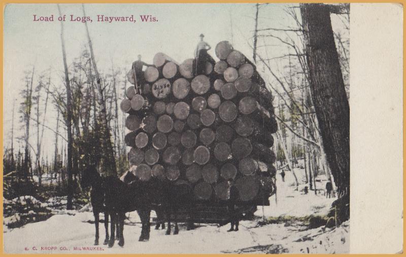 Huge Load of Logs, Hayward, Wisconsin-20' stack of logs pulled by 4 horse team