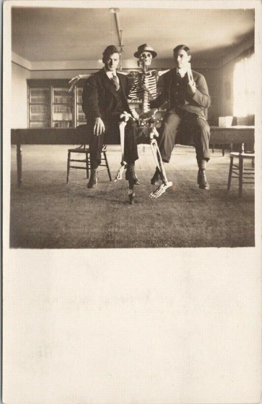 Two Men & Skeleton Unused Real Photo Postcard F9