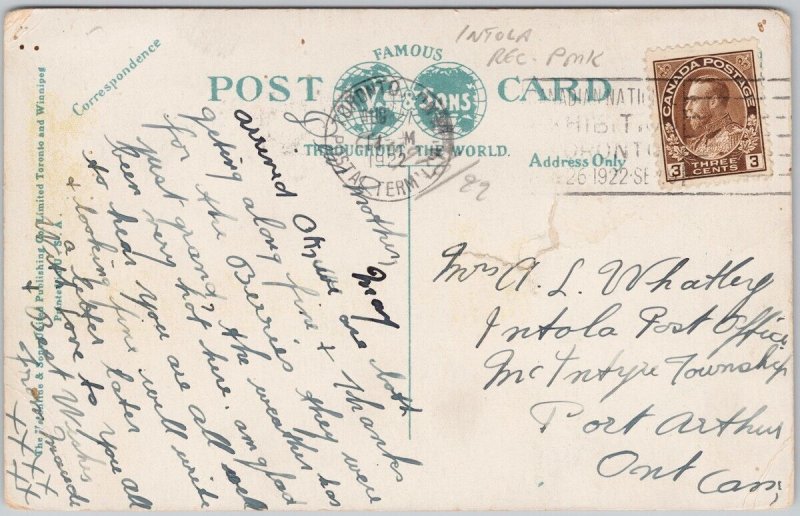 Spadina Ave Military Hosp Toronto 1922 Intola ONT Postmark Postcard H65 *as is