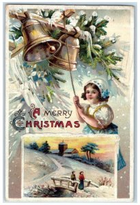 1912 Christmas Girl Ringing Bells House Winter Clapsaddle Bay City MI Postcard