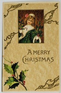Merry Christmas Beautiful Girl Offering Holly Embossed Postcard R16