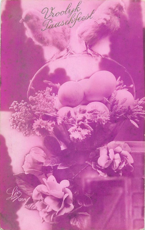 Postcard Holidays easter  flowers greetings eggs chicks basket