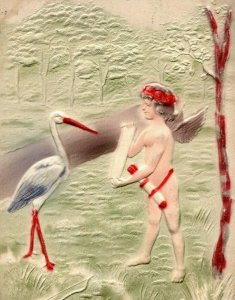 1915 Baby Birth Congratulations Airbrushed Stork Cherub Antique Unique Postcard