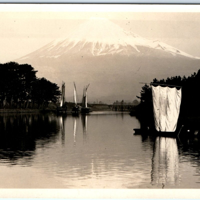 c1940s Mount Fuji, Japan RPPC Beautiful Fujiyama Real Photo PC Boats Vtg A132