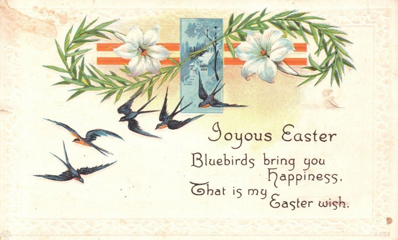 Vintage Postcard 1922 Joyous Easter Bluebirds Flower Landscape Greetings Card