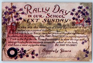 1913 Rally Day School Next Sunday Message Violet Flowers Greenfield IA Postcard