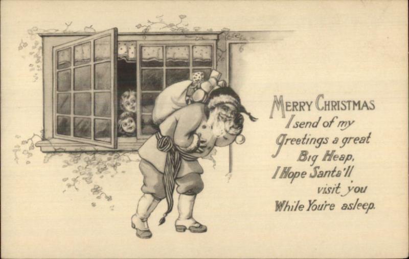 Christmas Kids Watch Santa Claus Thru Window - Black & White c1910 Postcard