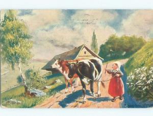 Pre-Linen foreign signed GIRL WALKING COW ON A LEASH J4733