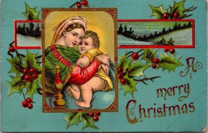 Gel Christmas Postcard Mother Mary Holding Baby Jesus, Snowy Field, Holly