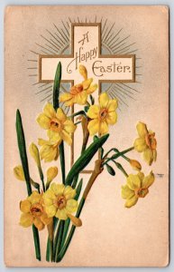 Postcard 1913 A Happy Easter Greetings Card! Gold Cross Shines & Yellow Flowers