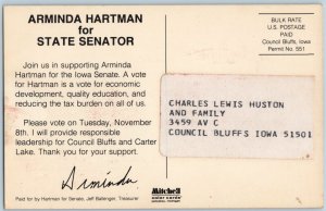 c1980s Iowa State Senator Arminda Hartman Campaign Postcard Council Bluffs A175