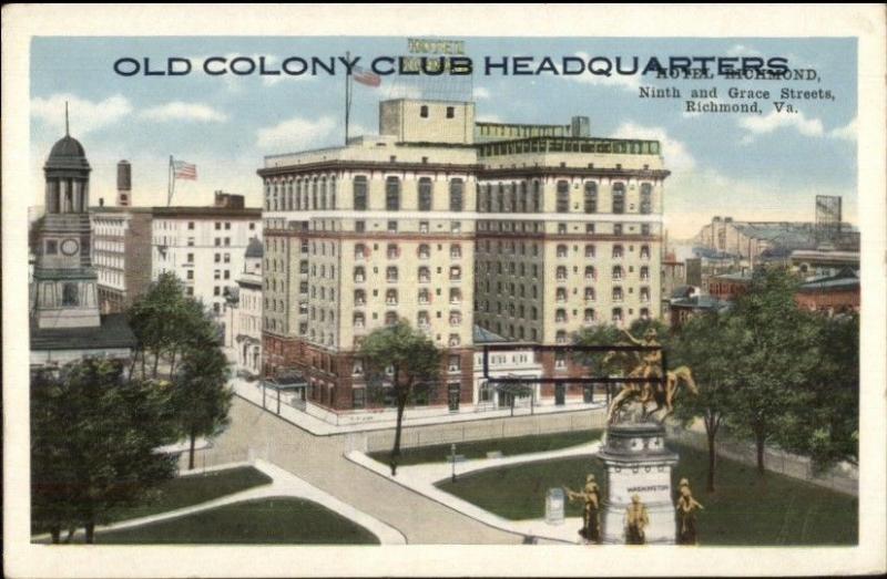 Richmond VA Old Colony Club HQs Adv Hotel Richmond c1920 Postcard