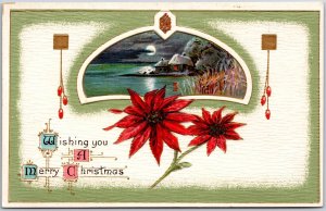 Wishing You A Merry Christmas, Red Poinsettia Flower & Seascape, Postcard