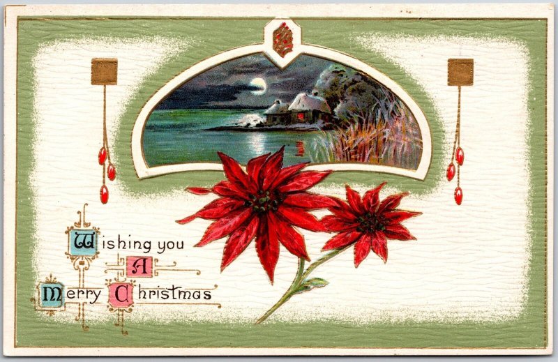 Wishing You A Merry Christmas, Red Poinsettia Flower & Seascape, Postcard