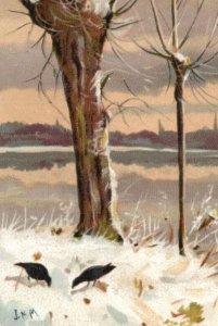 1880s Hildesheimer & Faulkner Christmas Card Winter Snow Crows Blackbirds 7E