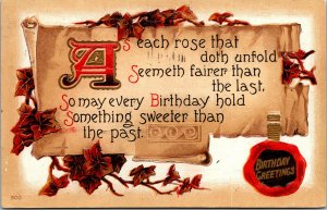 Vtg 1910s Birthday Greetings Poem Roses Embossed Postcard