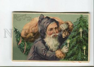 471932 NEW YEAR Xmas violet SANTA CLAUS w/ Bag EMBOSSED Vintage postcard