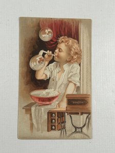 Victorian Trade Card Domestic Sewing Machine Kid Blowing Bubbles