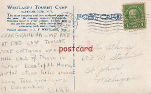 1929 WATKINS GLEN NY B. T. Westlake's Tourist Camp 40 cottages, gas pump, Teich 