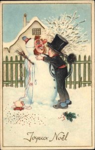 Christmas Chimney Sweep Snowman Human Mask Joyeux Noel c1940 Postcard