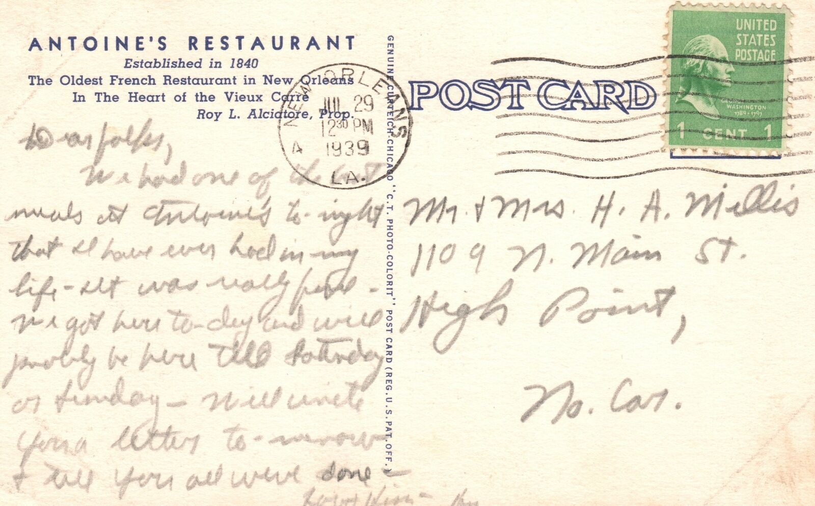 Vintage Postcard 1939 Antoine's Oldest French Restaurant New Orleans