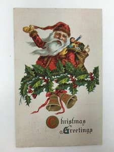 Santa Claus Postcard Toys Sack Holly Bells c. 1915 Embossed