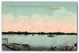 1912 Conn River Old Toll Bridge Springfield Boat Club  Springfield MA Postcard