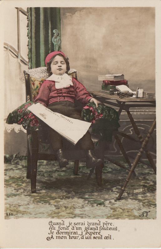 CHILDREN HUMOUR TINTED POSTCARD WHEN I WILL BE GRANDFATHER...BOY SLEEPING