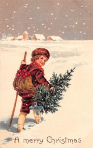 A Merry Christmas, Boy In Snow With Backpack & Christmas Tree, PFB, AA368-5