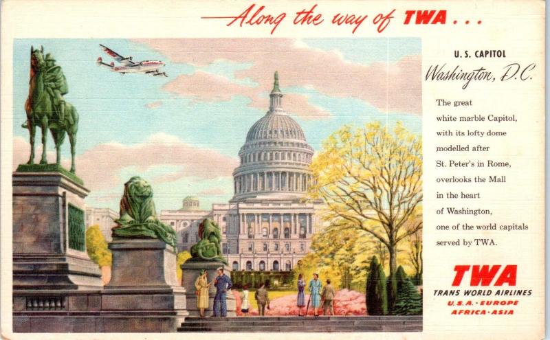 WASHINGTON, DC   TWA Airlines  AD  Postcard  Plane over CAPITOL  c1950s