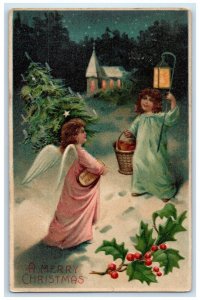 1908 Christmas Angels Lantern Holly Berries Church Winter Columbus OH Postcard