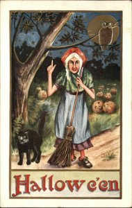 Halloween Witch Black Cat Woods Whitney c1915 EXC COND Postcard