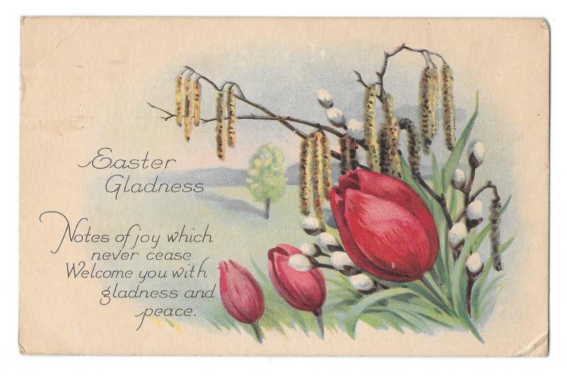 Easter Greetings Poem Tulips Pussy Willows Arts and Crafts Era Vintage Postcard
