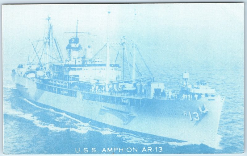 c1960s USS Amphion AR-13 US Navy Repair Ship WWII Blue Litho Photo Unique A314