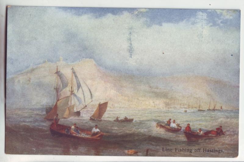 P1120 old postcard unused art line fishing off hastings united kingdom