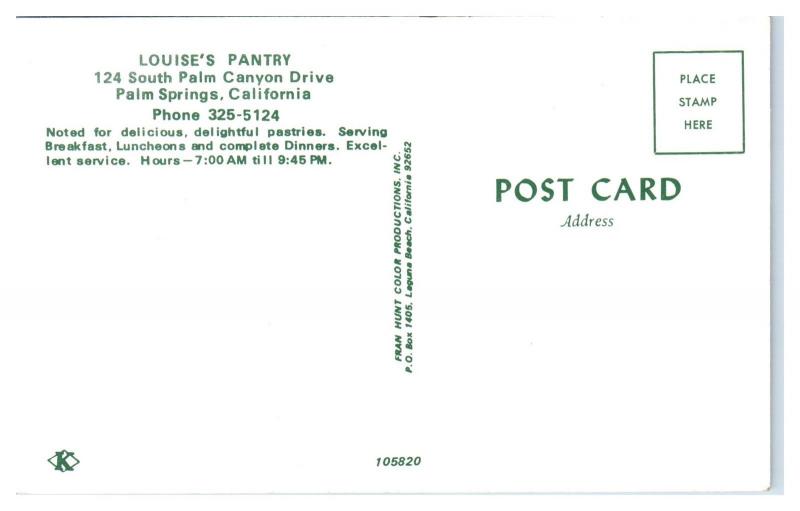 1950s/60s Louise's Pantry, Palm Springs, CA Postcard
