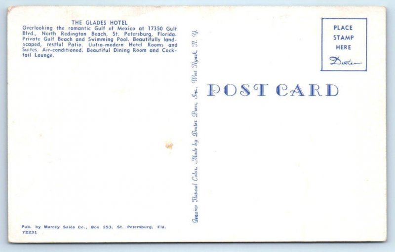 2 Postcard ST. PETERSBURG, North Redington Beach FL~ GLADES HOTEL Evergreen Room