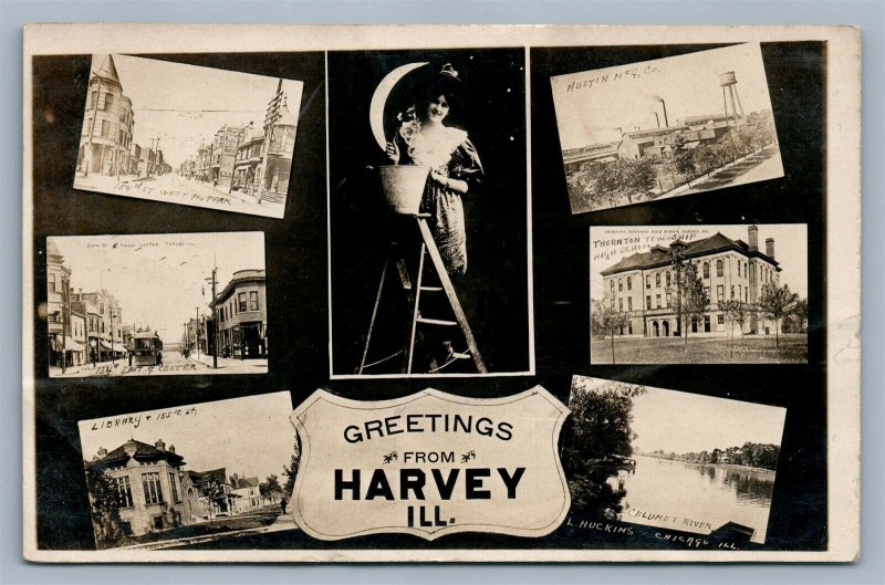 HARVEY ILL STREET SCENE CRESCENT MOON LADY ANTIQUE REAL PHOTO POSTCARD RPPC 