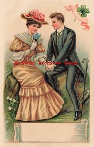 Romance, ASB No 144, Man Holding Woman with Forget Me Not Flowers Hand