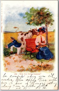 1909 Cow Kissing The Lady  Now You Stop Charlie Comic Card Posted Postcard