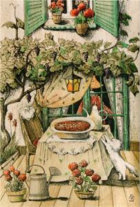 Cook Jam in Garden Cat Interior Food Floral Art Life Russia Modern Postcard