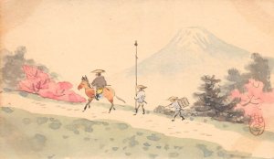 Japan Hand Painted Riding Horse Mt Fuji Scenic Landscape Postcard AA70848