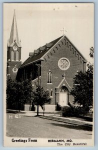 1950 Greetings From Hermann Missouri MO Church Scene RPPC Photo Vintage Postcard