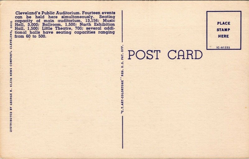 Vtg Cleveland Ohio OH Public Auditorium 1950s Unused Linen Postcard