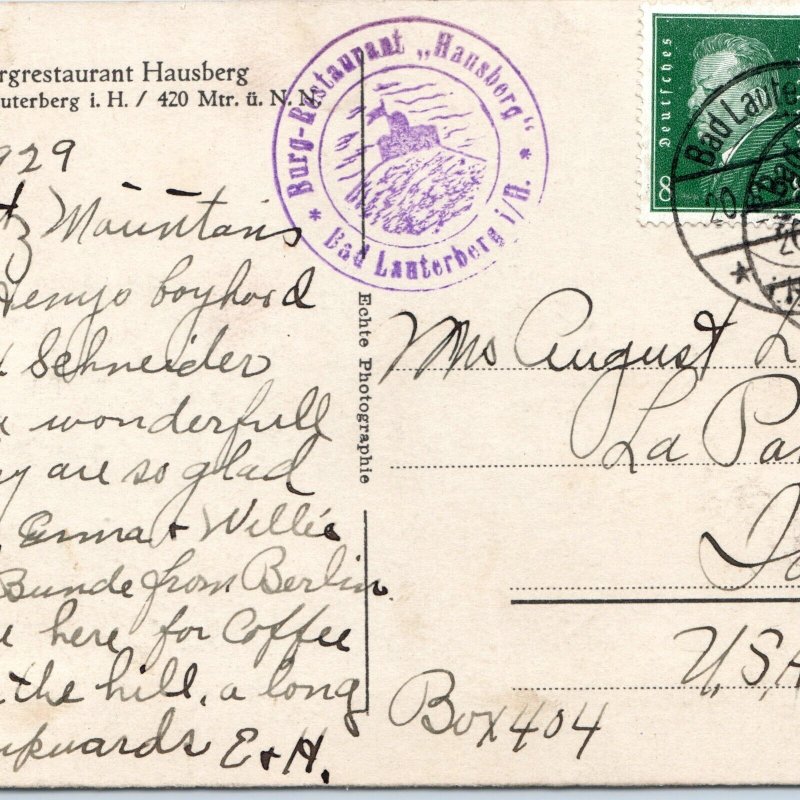 1929 Burgrestaurant Hausberg, Germany RPPC Restaurant Bad Lauterberg Photo A168