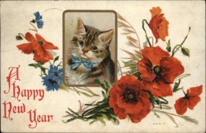 New Year's Cat Kitten Flowers Embossed c1900s-10s Postcard