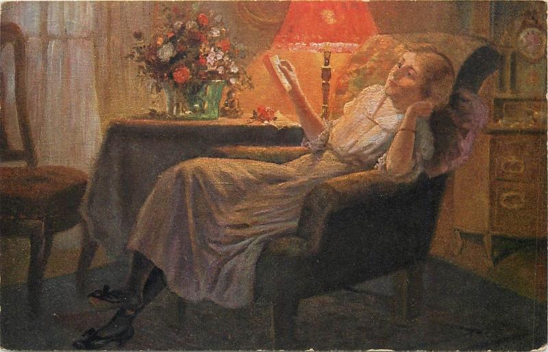 H. Rettig - Traute Stunde 1917 art postcard lady Study hour lamp