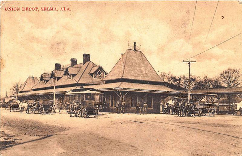Selma AL Union Railroad Station Train Depot Horse & Wagons 1910 Postcard