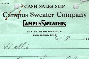 1939 CAMPUS SWEATER COMPANY CLEVELAND OH WALL'S ORRVILLE BILLHEAD CASH SLIP Z990