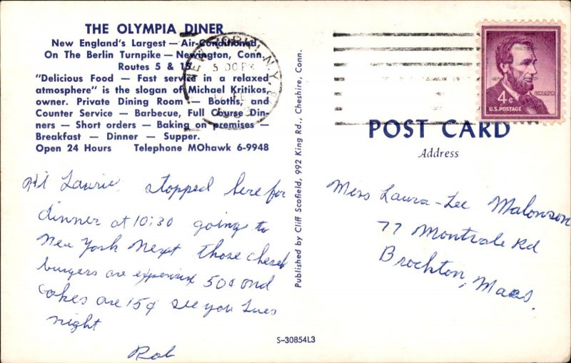 Newington CT Olympia Diner Expensive 50cent Burgers c1963 Vintage Postcard